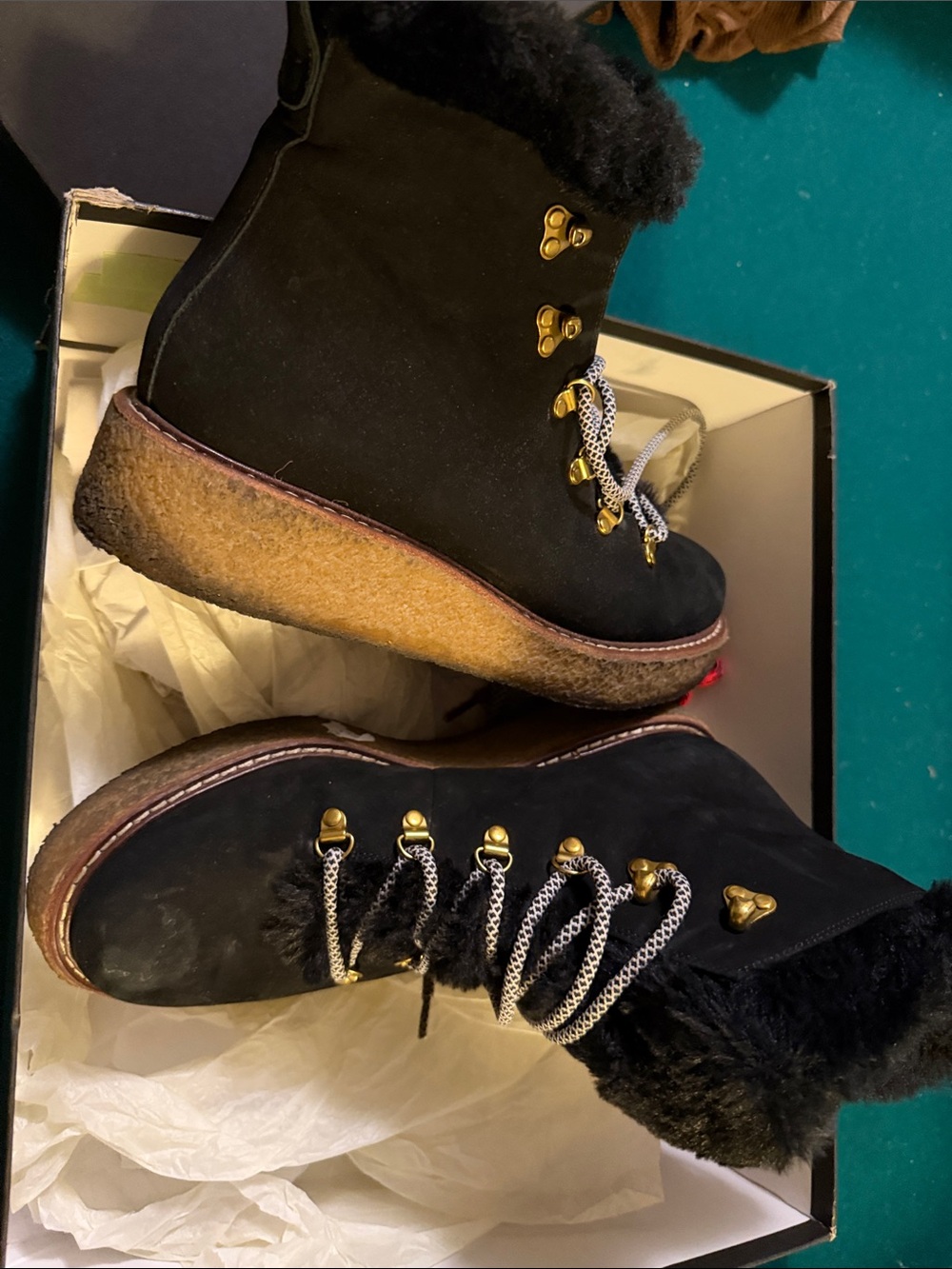 J. Crew Black Suede Fur-Trim Winter Lace-Up Boots